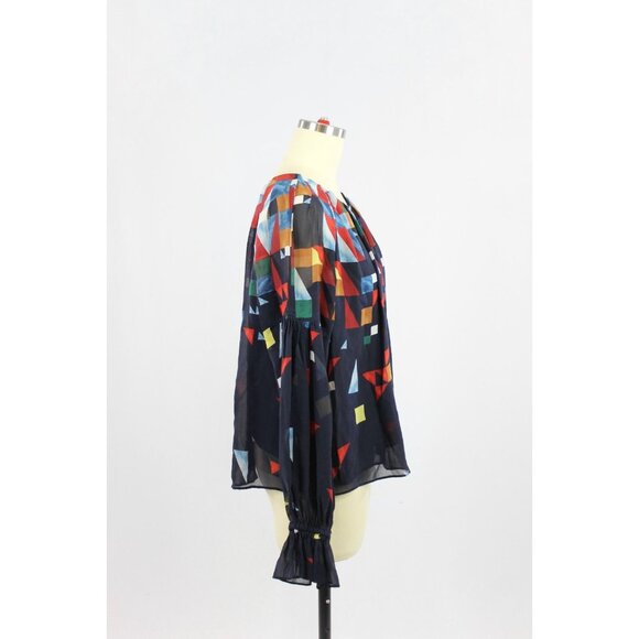 JOIE Burella Navy Geometric Print 100% Silk Georgette Ruffle Blouse, Size S - Picture 3 of 14
